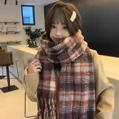 心水好物 超大蓬松大拉毛仿格纹流苏高级感围脖 礼盒装 聚酯纤维 绒线围巾 男女同款情侣款