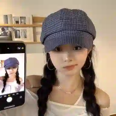 心水好物 日系简约细纹格薄款八角帽显脸小大头围 棉  贝雷帽 男女同款情侣款