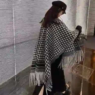 心水好物 经典千鸟格秋冬季双面外搭仿羊绒高级感保暖流苏斗篷 聚酯纤维 披肩 女款