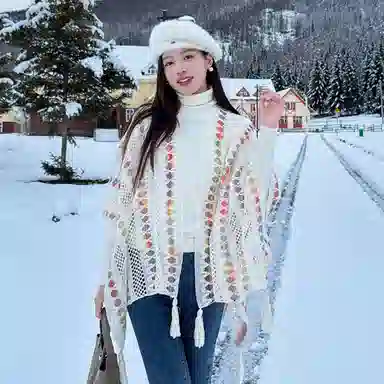心水好物 民族风旅游连帽彩色流苏外搭保暖 聚酯纤维 披肩 女款