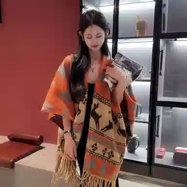 心水好物 驯鹿双面旅行外搭高级感保暖流苏围巾斗篷 聚酯纤维 披肩 女款