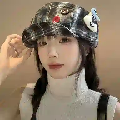 心水好物 韩式格纹音符刺绣拼接撞色小众设计 棉 贝雷帽 女款