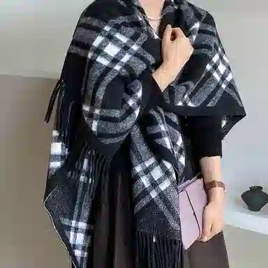 心水好物 名媛风双面经典英伦风外搭高级感保暖流苏围巾斗篷 聚酯纤维 披肩 女款