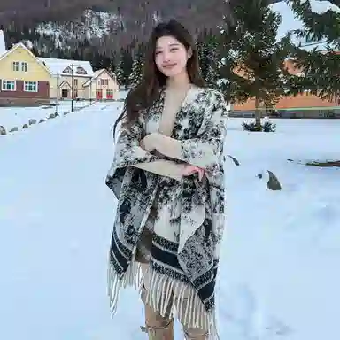 心水好物 复古名族风水墨画双面斗蓬外套女生秋季宽松流苏百搭保暖空调房上衣外搭 聚酯纤维 披肩 女款