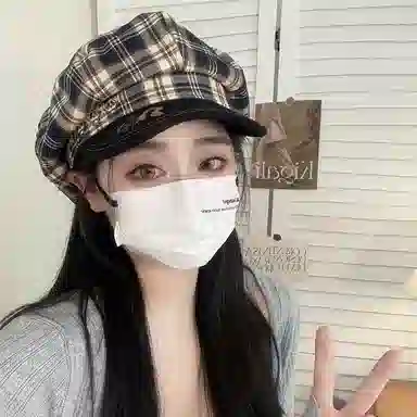 心水好物 日系复古格纹云朵显脸小百搭绣花字母小香风八角帽 聚酯纤维 贝雷帽 男女同款情侣款