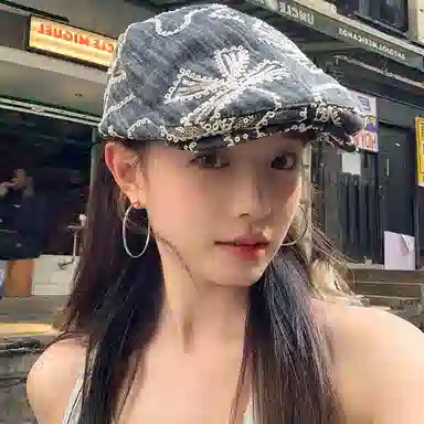 心水好物 韩系刺绣花朵亮片水洗牛仔街头百搭气质显脸小 聚酯纤维 贝雷帽 女款