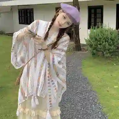心水好物 民族风旅游连帽彩色流苏外搭保暖 聚酯纤维 披肩 女款