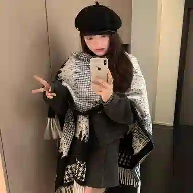 心水好物 水墨流苏千鸟格时尚百搭国风复古旅游保暖披风空调毯 聚酯纤维 披肩 女款