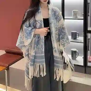 心水好物 复古名族风水墨画双面斗蓬外套女生秋季宽松流苏百搭保暖空调房上衣外搭 聚酯纤维 披肩 女款
