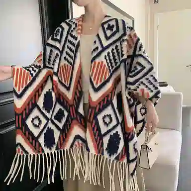 心水好物 温馨橙色插色双面旅行外搭高级感保暖流苏围巾斗篷 聚酯纤维 披肩 女款