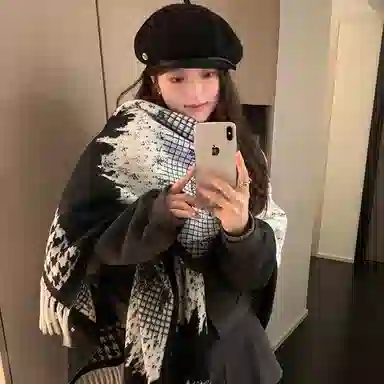 心水好物 水墨流苏千鸟格时尚百搭国风复古旅游保暖披风空调毯 聚酯纤维 披肩 女款