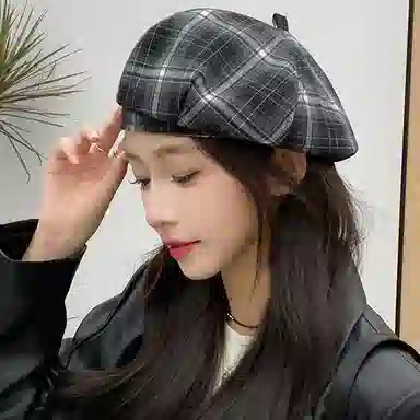 心水好物 英伦风复古格子纹学院甜美气质画家帽百搭时尚出行 聚酯纤维 贝雷帽 女款