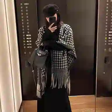 心水好物 经典千鸟格秋冬季双面外搭仿羊绒高级感保暖流苏斗篷 聚酯纤维 披肩 女款