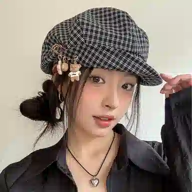 心水好物 韩式优雅千鸟格纹显脸小可爱别针卷边时尚文艺 棉 贝雷帽 女款
