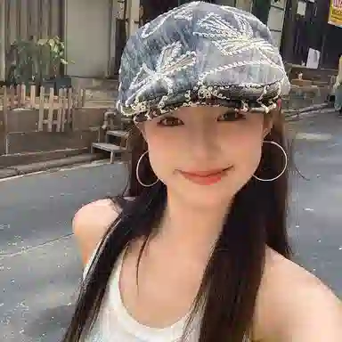 心水好物 韩系刺绣花朵亮片水洗牛仔街头百搭气质显脸小 聚酯纤维 贝雷帽 女款