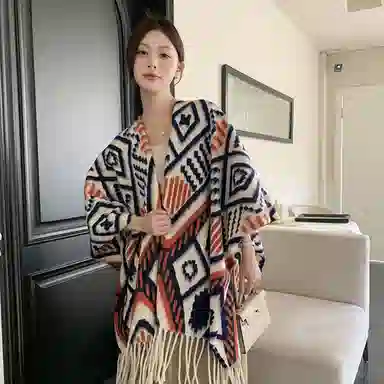 心水好物 温馨橙色插色双面旅行外搭高级感保暖流苏围巾斗篷 聚酯纤维 披肩 女款