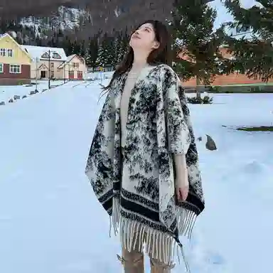 心水好物 复古名族风水墨画双面斗蓬外套女生秋季宽松流苏百搭保暖空调房上衣外搭 聚酯纤维 披肩 女款