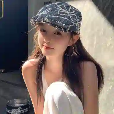 心水好物 韩系刺绣花朵亮片水洗牛仔街头百搭气质显脸小 聚酯纤维 贝雷帽 女款