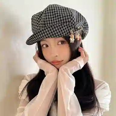 心水好物 韩式优雅千鸟格纹显脸小可爱别针卷边时尚文艺 棉 贝雷帽 女款