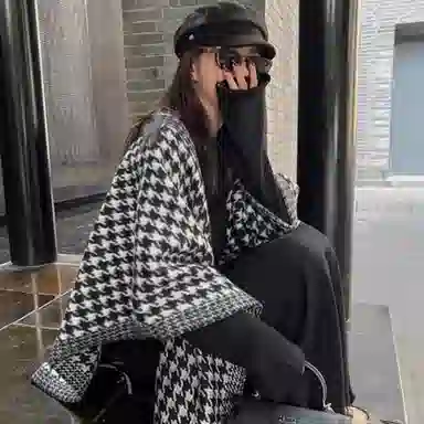 心水好物 经典千鸟格秋冬季双面外搭仿羊绒高级感保暖流苏斗篷 聚酯纤维 披肩 女款