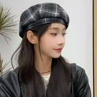 心水好物 英伦风复古格子纹学院甜美气质画家帽百搭时尚出行 聚酯纤维 贝雷帽 女款