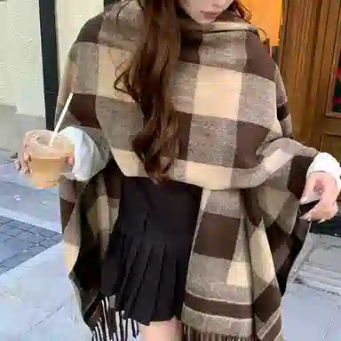 心水好物 优雅格子旅游保暖披风百搭高级感斗篷外搭围巾 聚酯纤维 披肩 女款