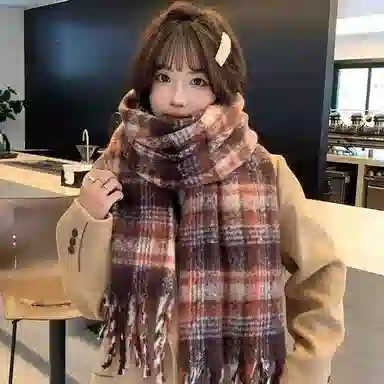 心水好物 超大蓬松大拉毛仿格纹流苏高级感围脖 礼盒装 聚酯纤维 绒线围巾 男女同款情侣款