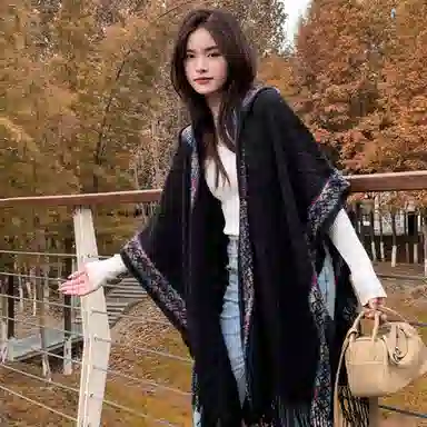 心水好物 小清新彩色民族风连帽外搭套头斗篷空调房披风旅行拍照穿搭围巾 聚酯纤维 披肩 女款