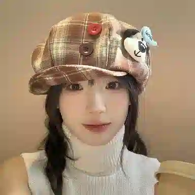 心水好物 韩式格纹音符刺绣拼接撞色小众设计 棉 贝雷帽 女款