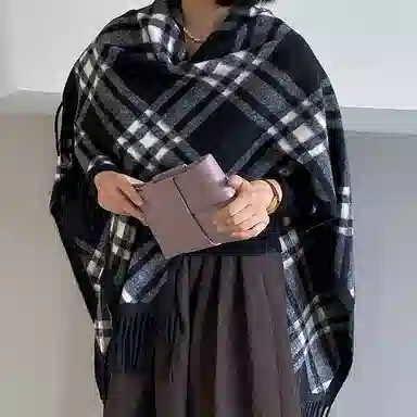 心水好物 名媛风双面经典英伦风外搭高级感保暖流苏围巾斗篷 聚酯纤维 披肩 女款