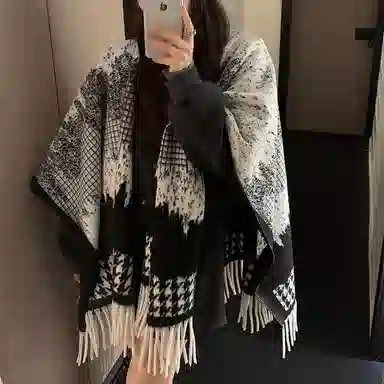 心水好物 水墨流苏千鸟格时尚百搭国风复古旅游保暖披风空调毯 聚酯纤维 披肩 女款