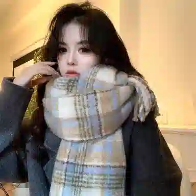 心水好物 超大蓬松大拉毛仿格纹流苏高级感围脖 礼盒装 聚酯纤维 绒线围巾 男女同款情侣款