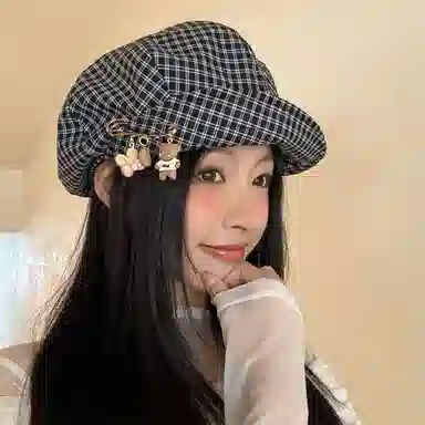 心水好物 韩式优雅千鸟格纹显脸小可爱别针卷边时尚文艺 棉 贝雷帽 女款