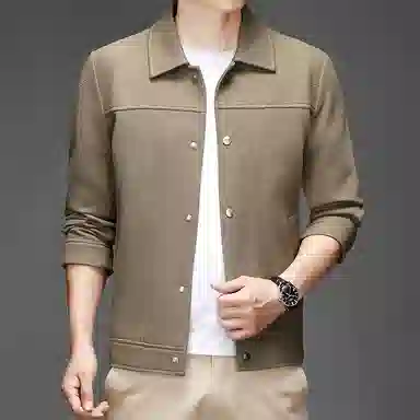 美力城 纯色基础款简约拼接暗扣针织宽松百搭休闲设计感保暖翻领夹克外套 男款