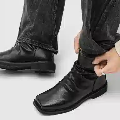 浪莎 秋季英伦风时尚百搭增高方头设计舒适潮流 法式褶皱后拉链复古简约高级感日常通勤 切尔西靴 男款