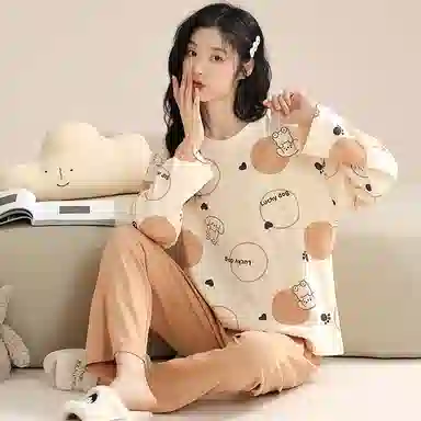 桔内 休闲舒适卡通可爱长袖长裤居家服睡衣套装 女款 杏色