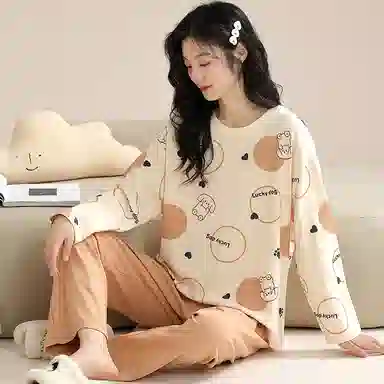 桔内 休闲舒适卡通可爱长袖长裤居家服睡衣套装 女款 杏色