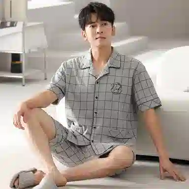 桔内 休闲舒适简约短袖五分裤睡衣套装 男款 格子灰