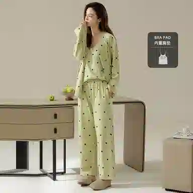 桔内 抗菌带胸垫长袖简约舒适家居服睡衣套装 女款 芽黄