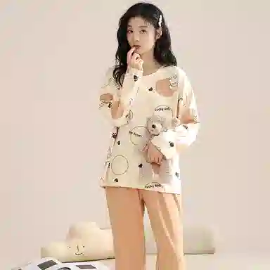 桔内 休闲舒适卡通可爱长袖长裤居家服睡衣套装 女款 杏色