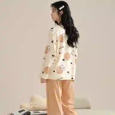 桔内 休闲舒适卡通可爱长袖长裤居家服睡衣套装 女款 杏色