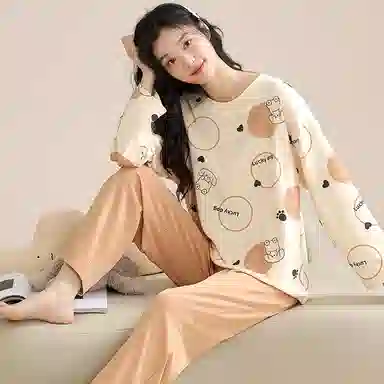 桔内 休闲舒适卡通可爱长袖长裤居家服睡衣套装 女款 杏色