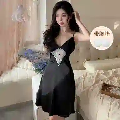 桔内 性感薄款无袖吊带露背带胸垫睡裙 女款 礼袋装 黑色