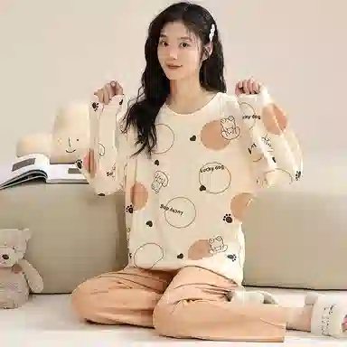 桔内 休闲舒适卡通可爱长袖长裤居家服睡衣套装 女款 杏色