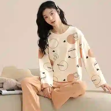 桔内 休闲舒适卡通可爱长袖长裤居家服睡衣套装 女款 杏色