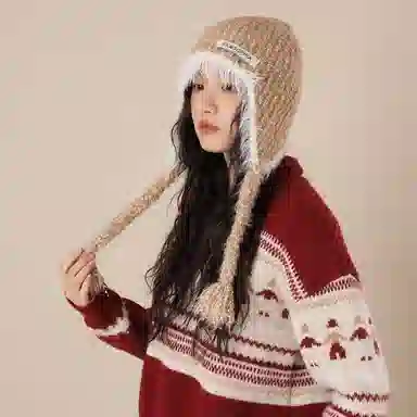 北极绒 针织毛线秋冬新款保暖护耳毛绒系带韩版百搭可爱套头冷帽 聚酯纤维 绒线帽 男女同款情侣款