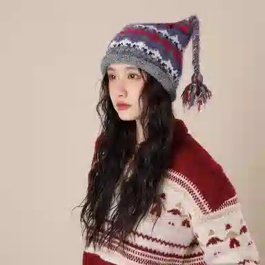 北极绒 可爱麻花辫 民族风提花针织 秋冬季显脸小保暖护耳包头帽 聚酯纤维 绒线帽 男女同款情侣款