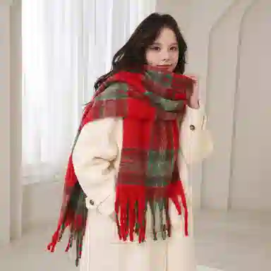 北极绒 秋冬季新款高级感格子围脖保暖学生韩版加厚披肩 聚酯纤维 绒线围巾 男女同款情侣款