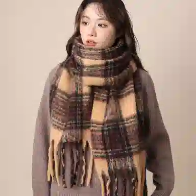 北极绒 秋冬季新款高级感格子围脖保暖学生韩版加厚披肩 聚酯纤维 绒线围巾 男女同款情侣款