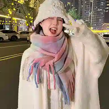 北极绒 高级感拼色马海毛秋冬保暖加厚百搭格子流苏冬季围脖披肩潮 绒线围巾 男女同款情侣款